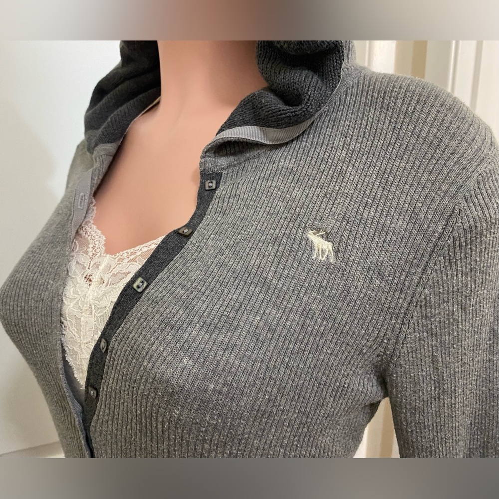 Vintage y2k Abercrombie grey button up ribbed hooded long sleeve top - Picture 3 of 15